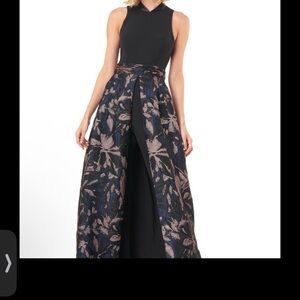 Kay Unger Nevada Stretch Crepe Jumpsuit w/ Jacquard Skirt overlay